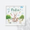 ilustração de pedrito coelho ou peter rabbit com cenouras e dados de nascimento para decorar quarto de bebé